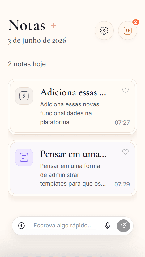 Tela do trynth mostrando notas recentes e um campo para capturar pensamento rápido